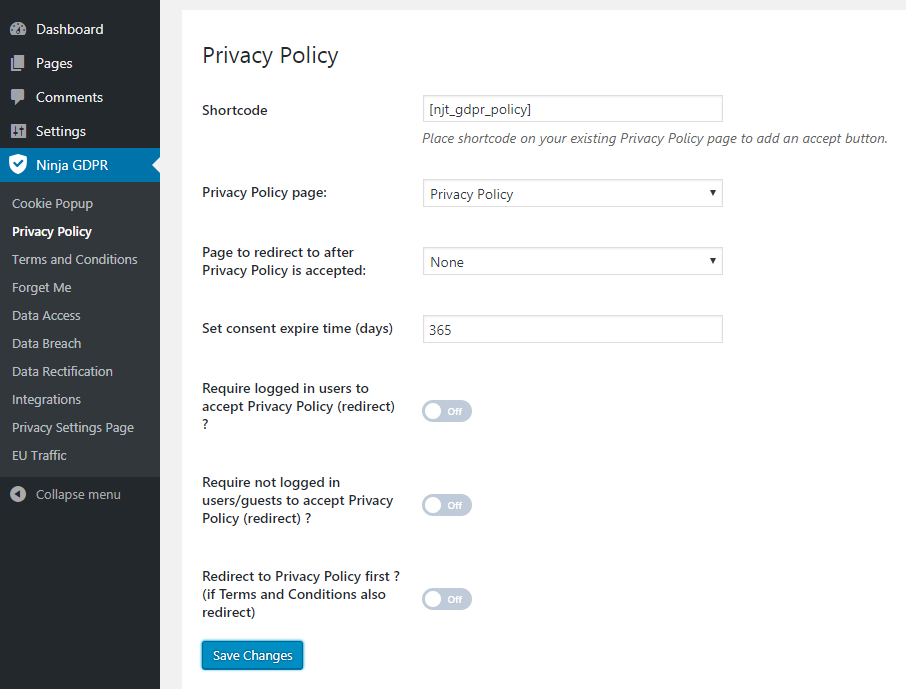 GDPR Privacy policy shortcode