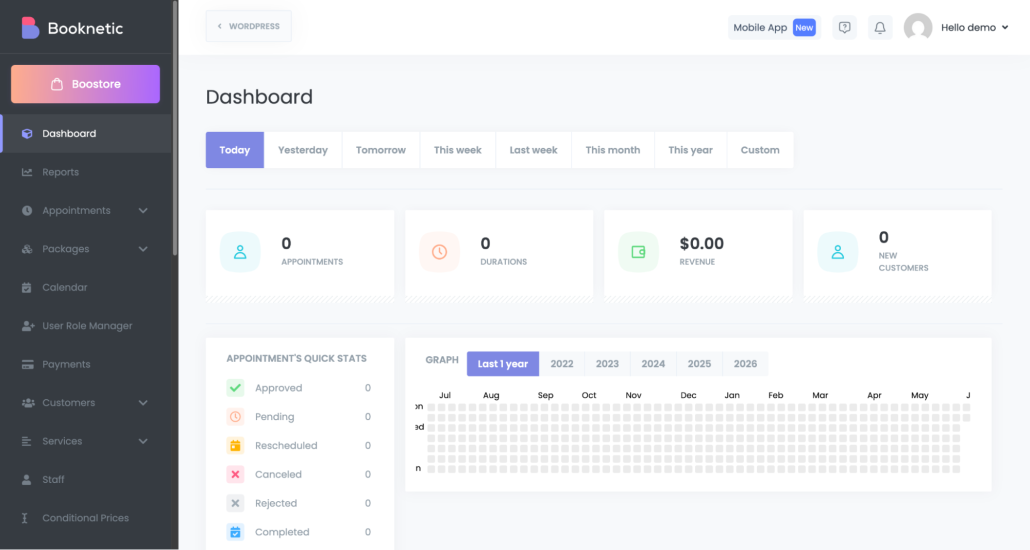 Booking dashboard of Booknetic