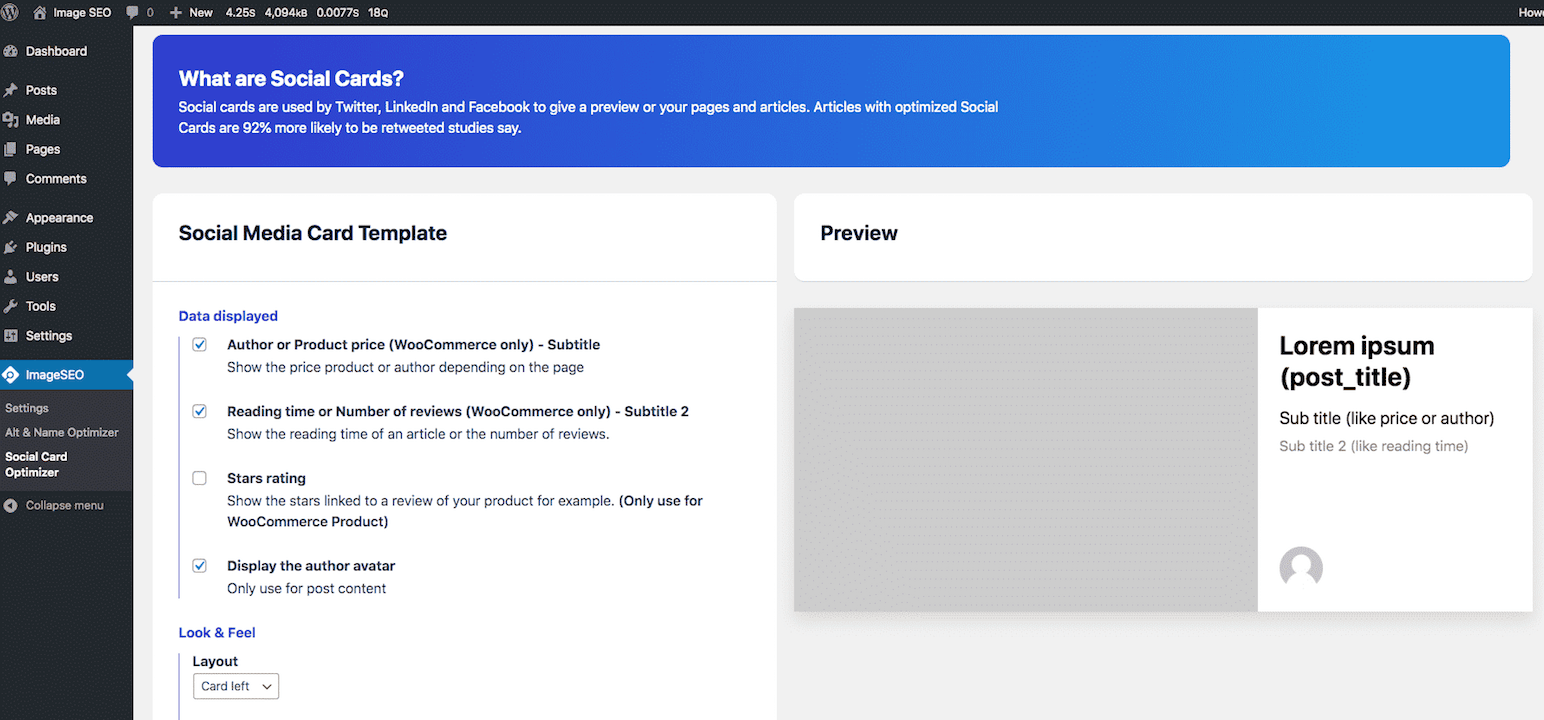 Design your social media cards in ImageSEO plugin WordPress dashboard