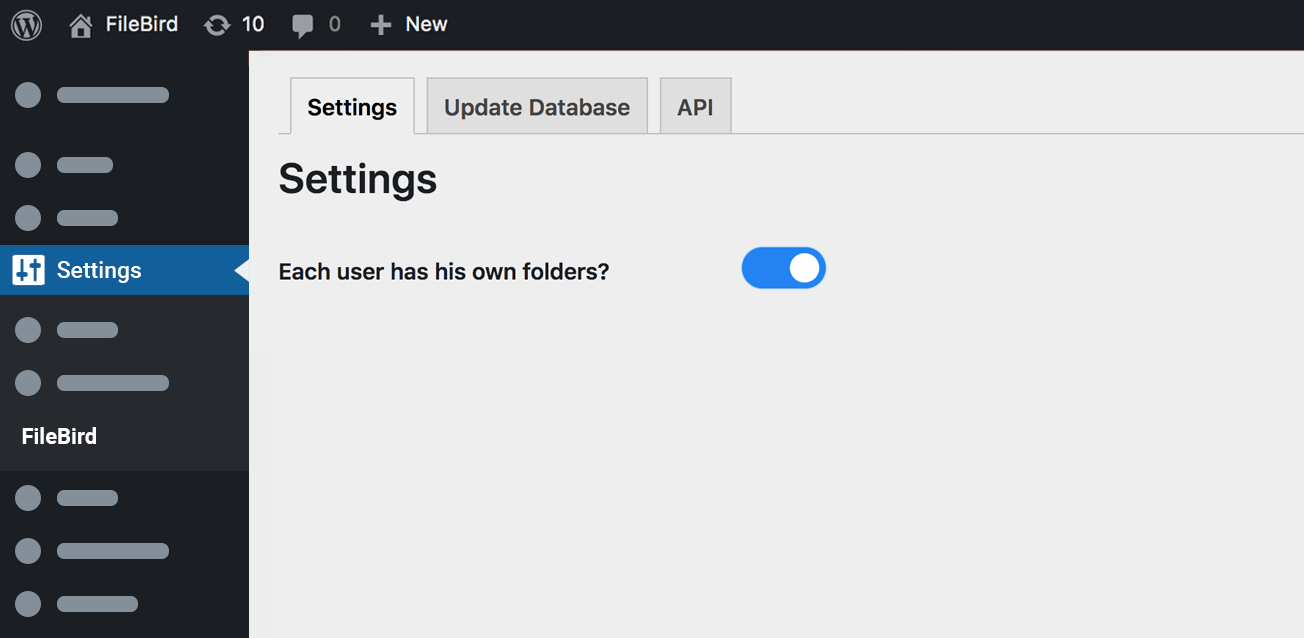 FileBird settings each user has his own folder