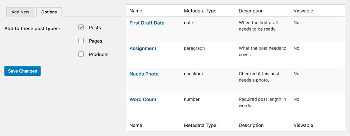 editorial metadata settings in wordpress 