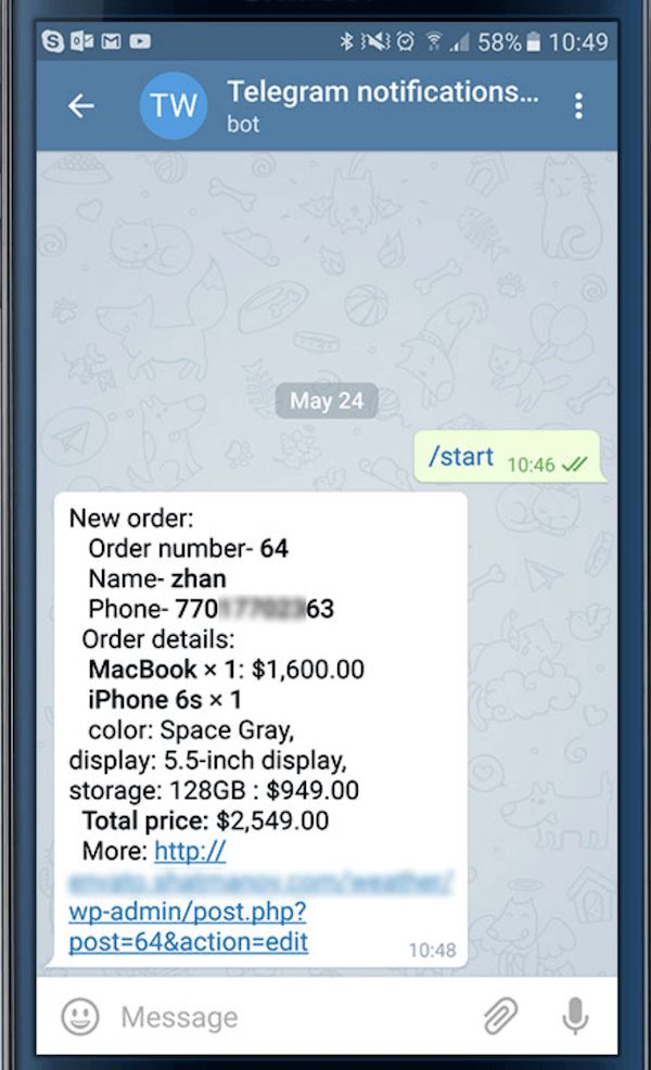 telegram woocommerce message