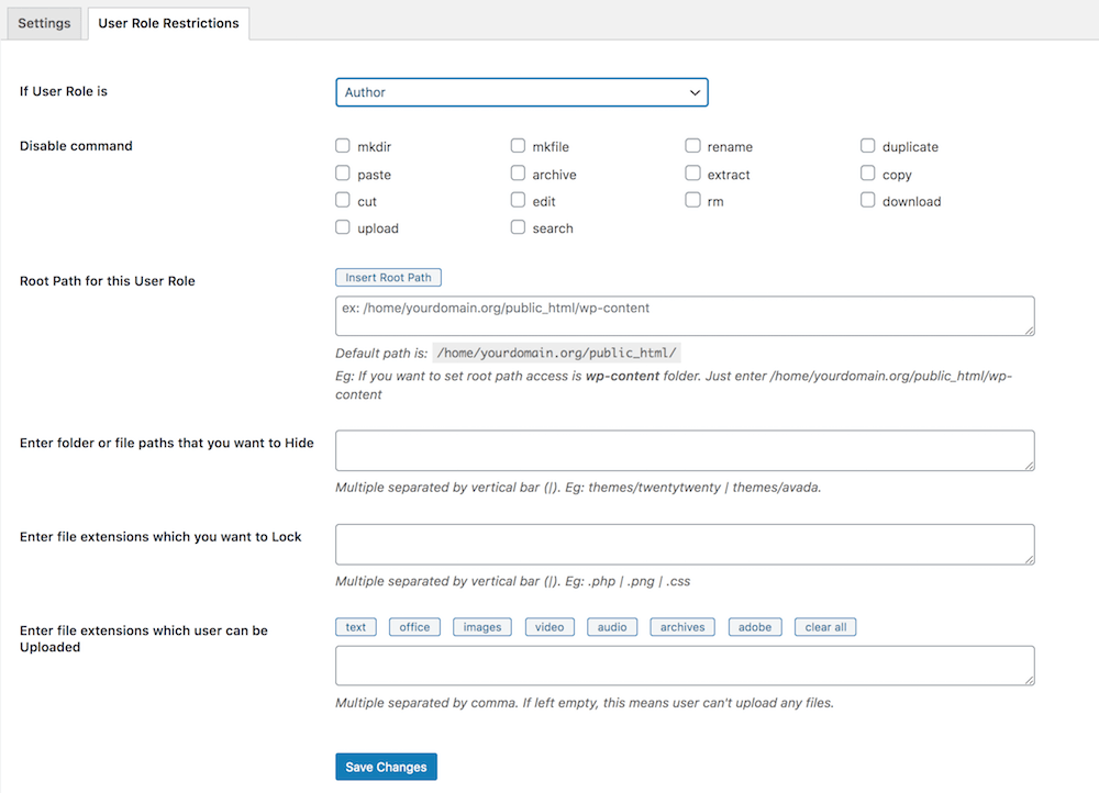 wordpress file manager user role restrictions settings