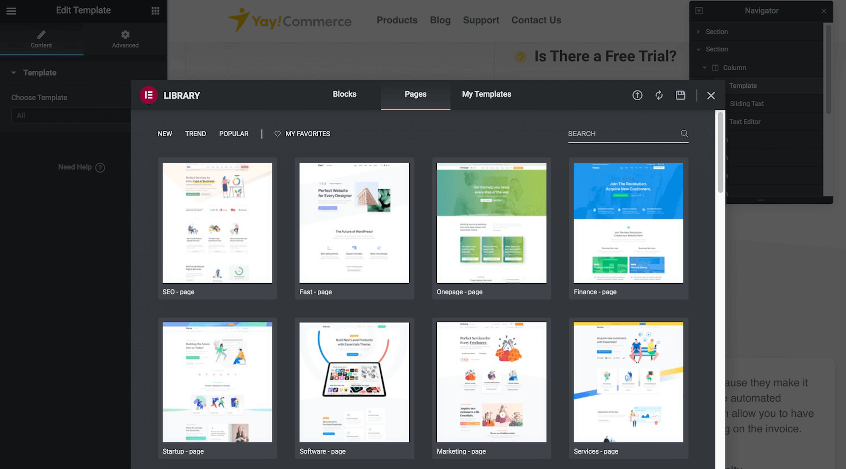 Template library in Elementor page builder