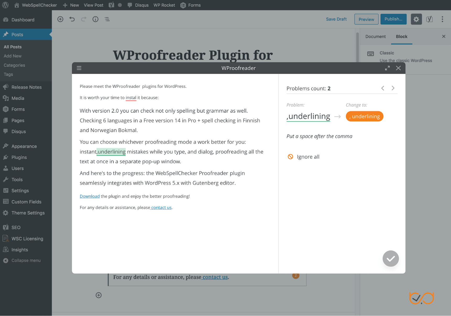 Grammar correction in WProofreader plugin