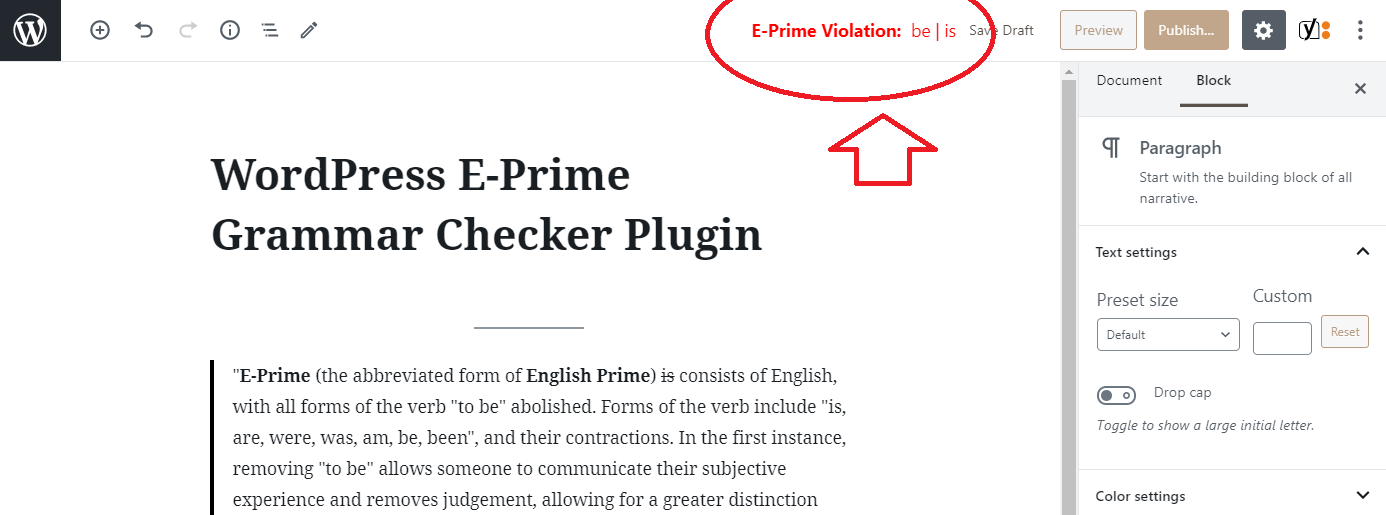 Interface of E-Prime Grammar Checker