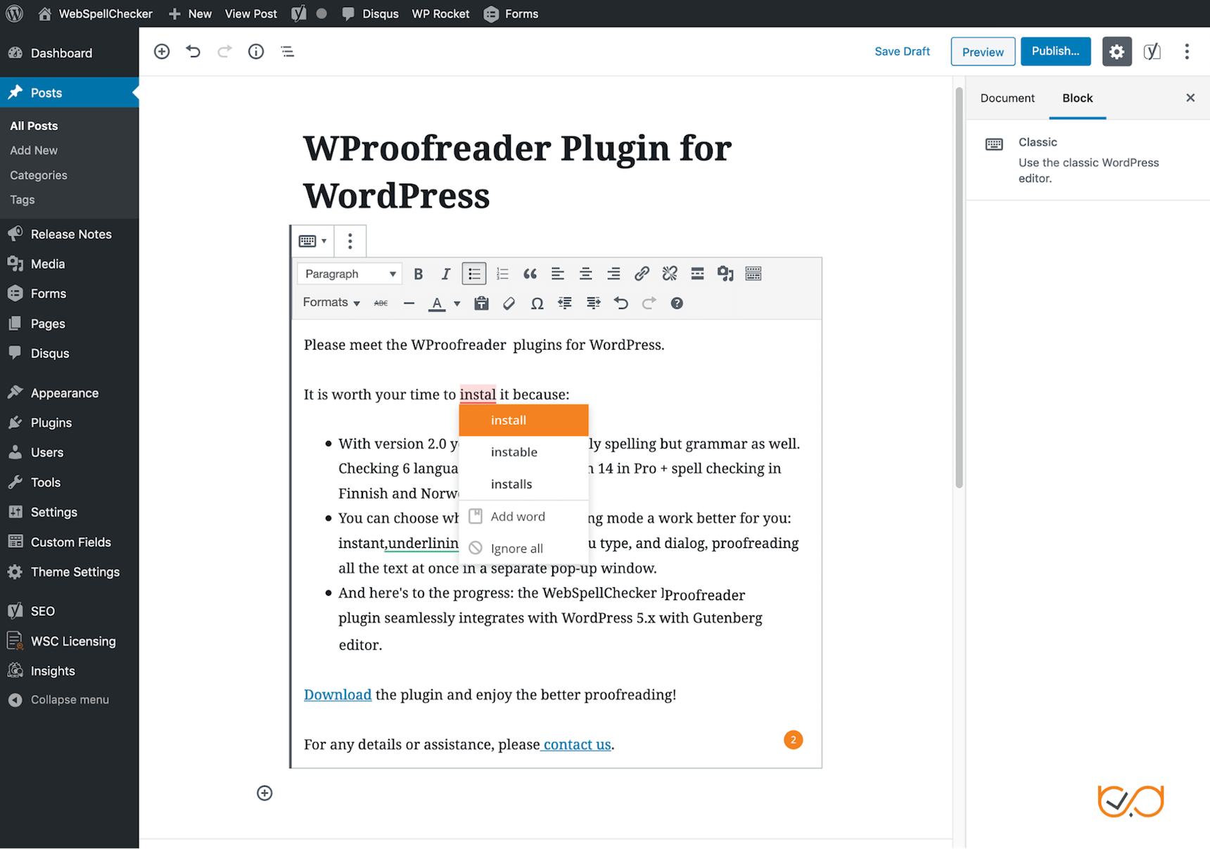Word choice in WProofreader plugin