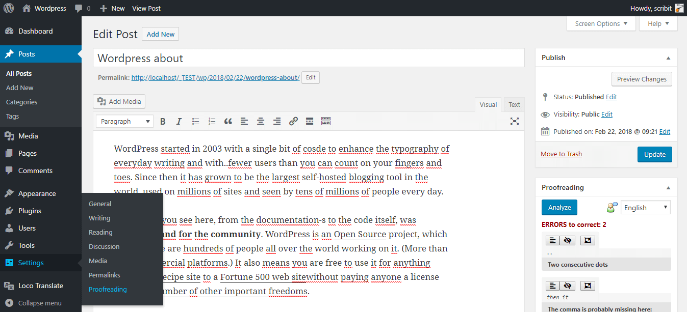 WordPress Proofreading plugin in Classic editor