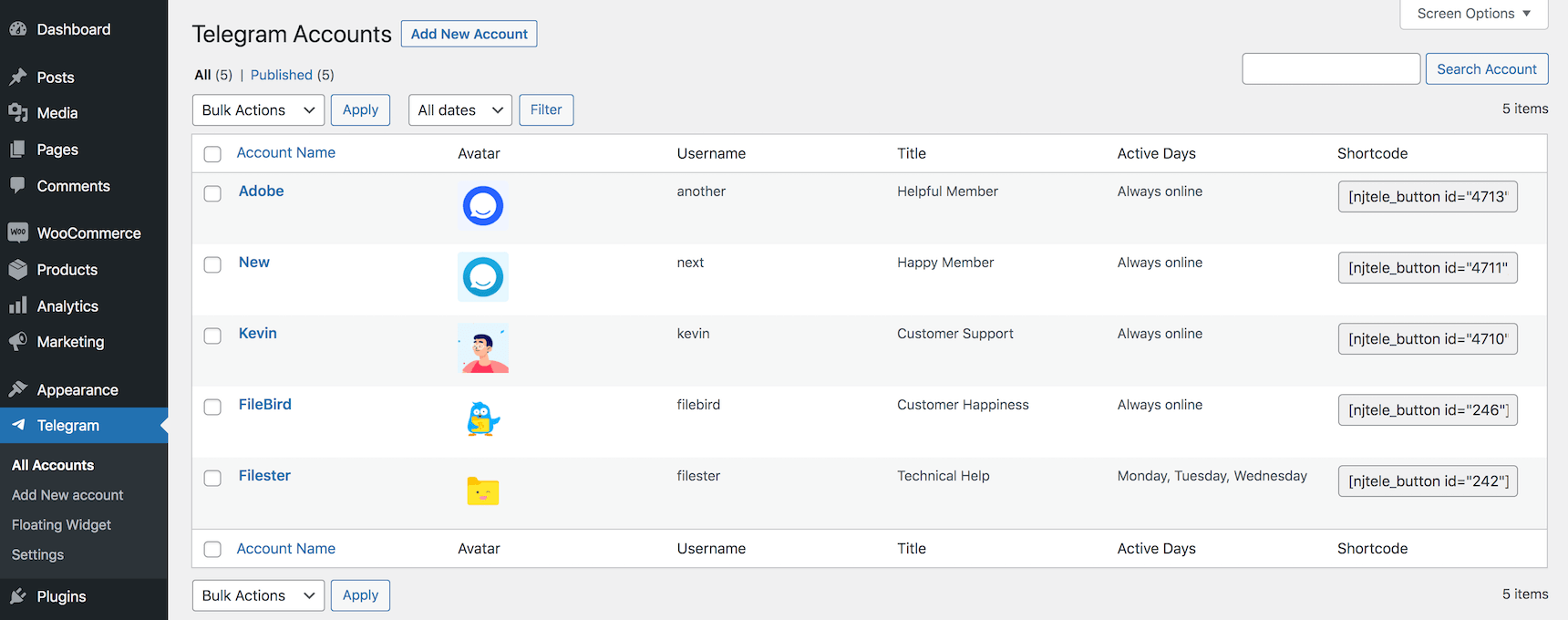 Telegram accounts in WordPress widget settings