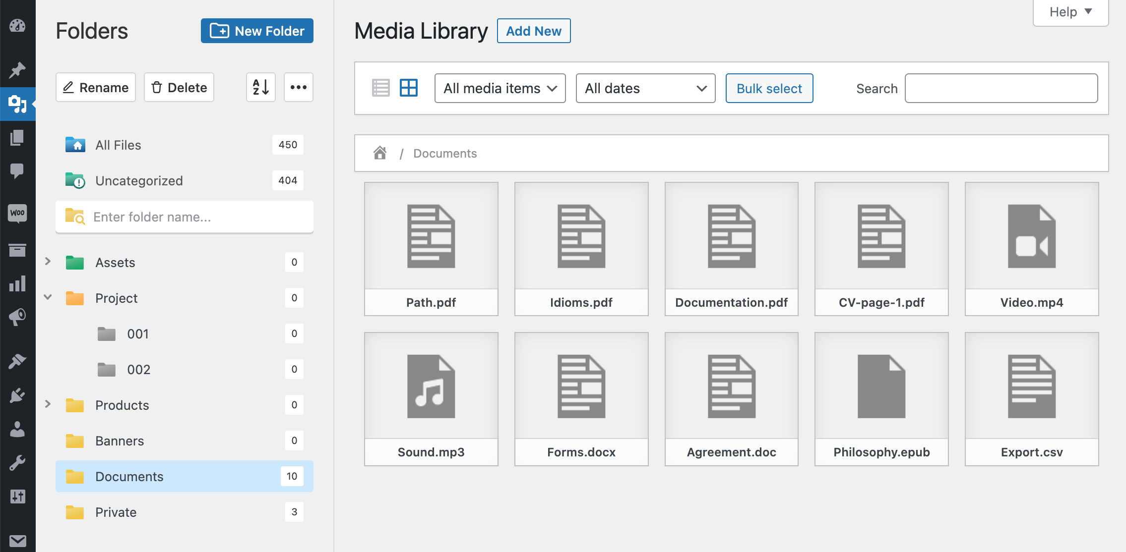 Categorized document folder files
