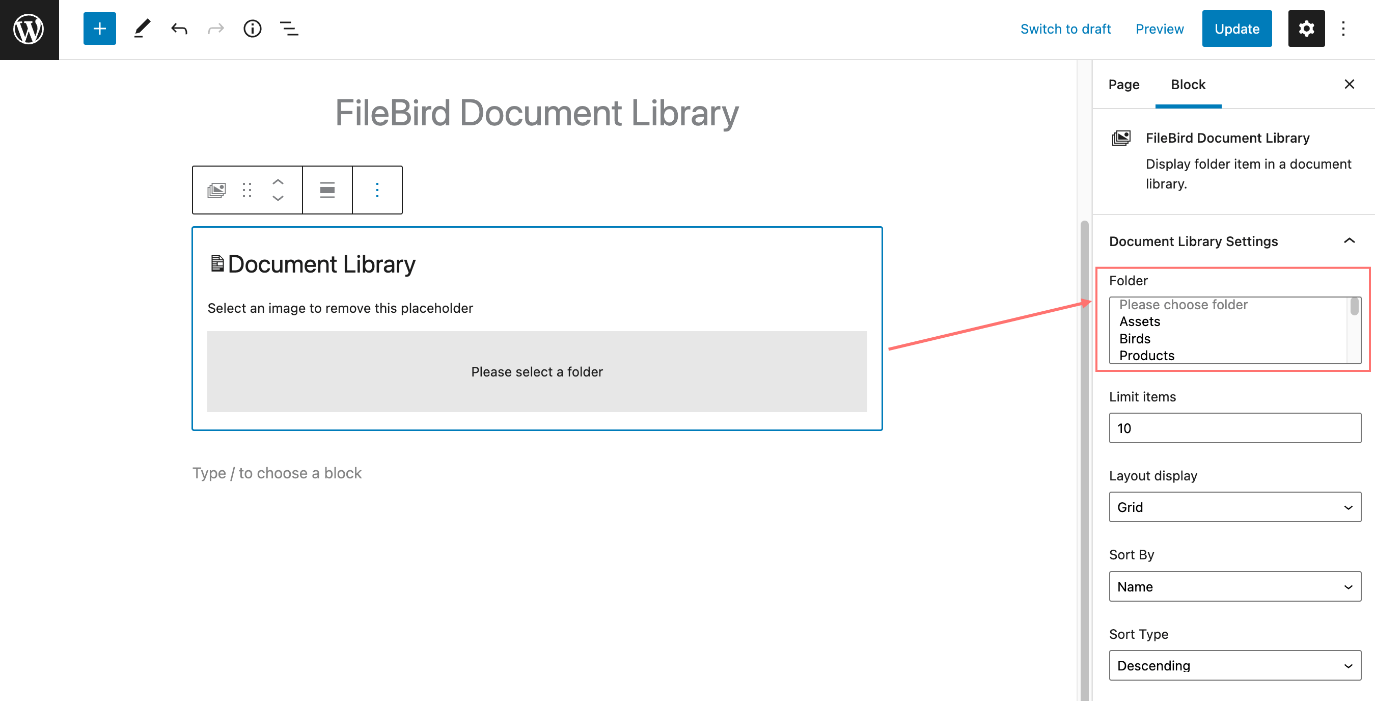 Select a folder to output files and display document library