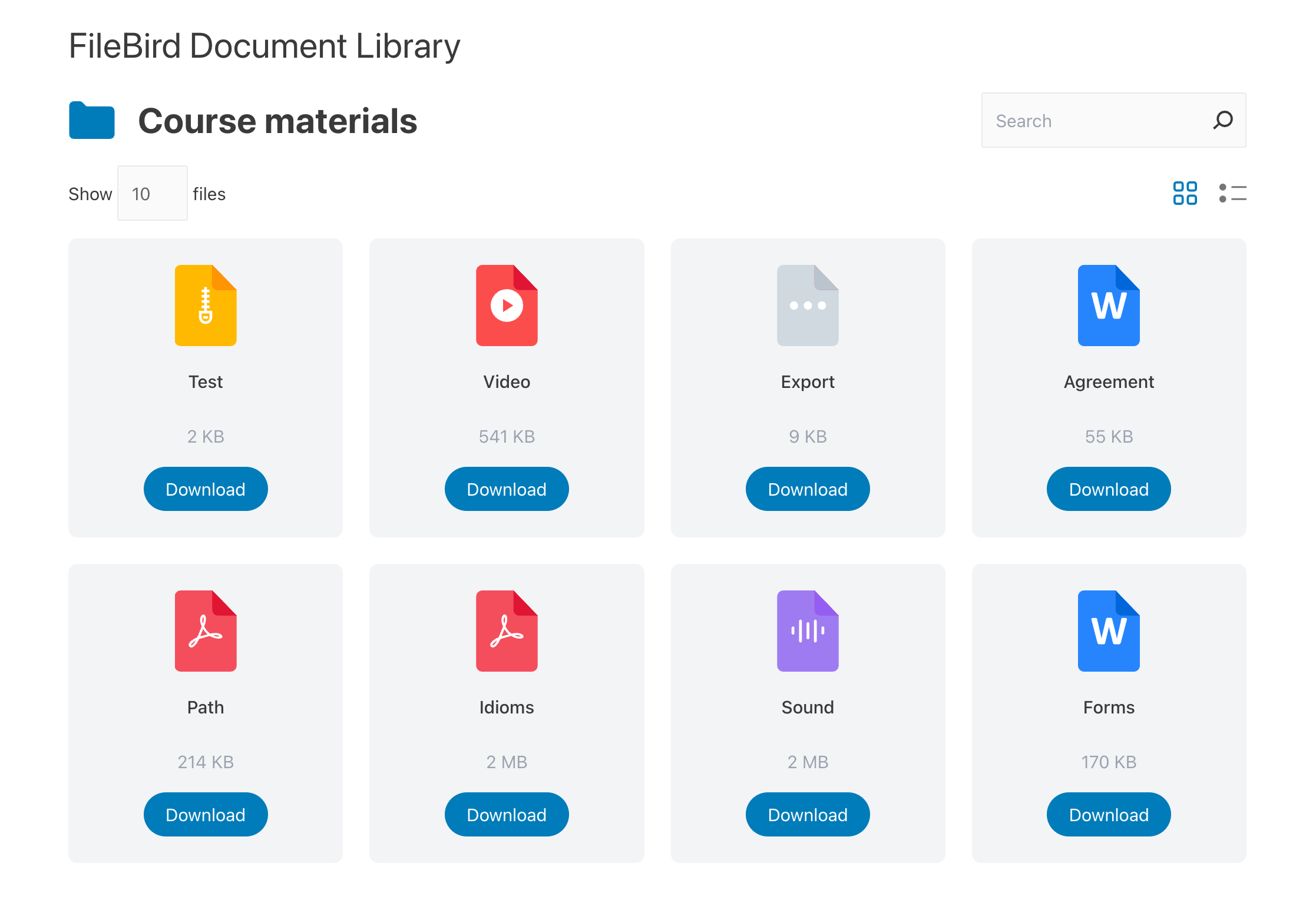 FileBird document library front end grid view