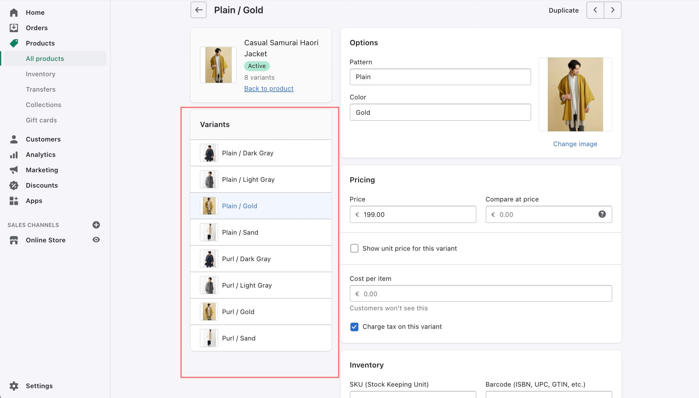 Shopify product variants panel