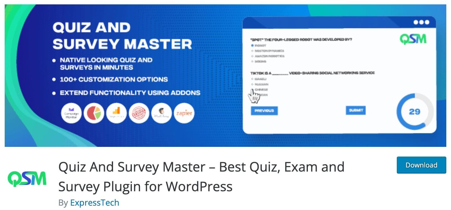 Download Quiz and Survey Master WP plugin