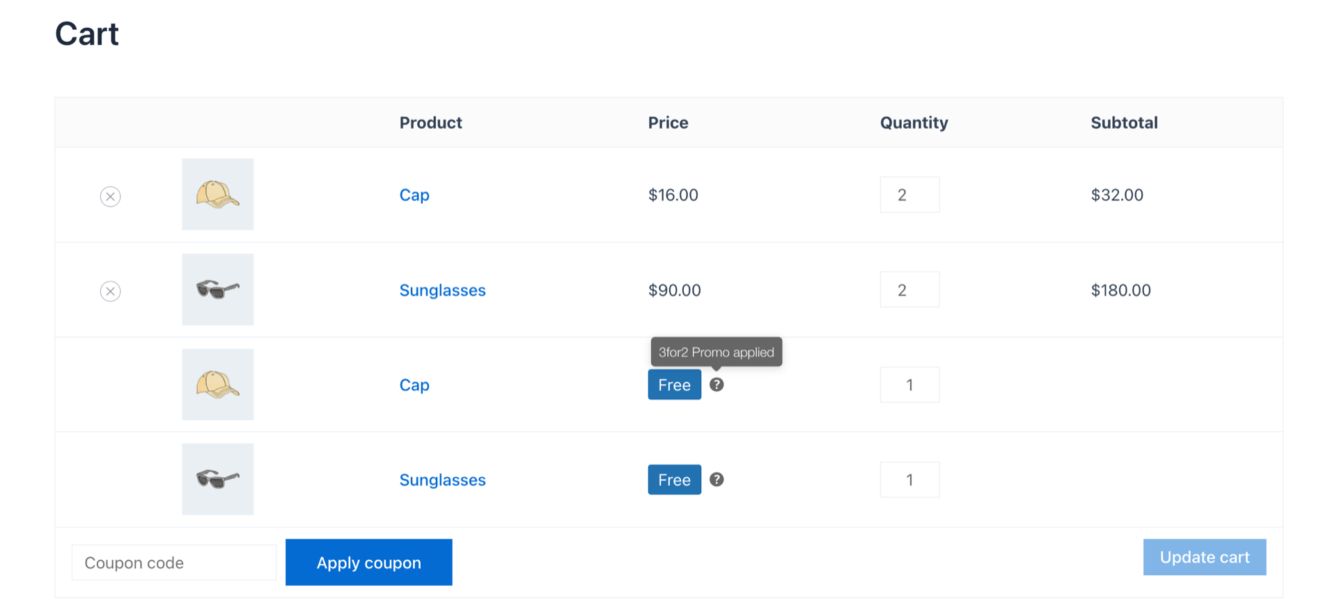 Applied promotional products in cart with tooltip