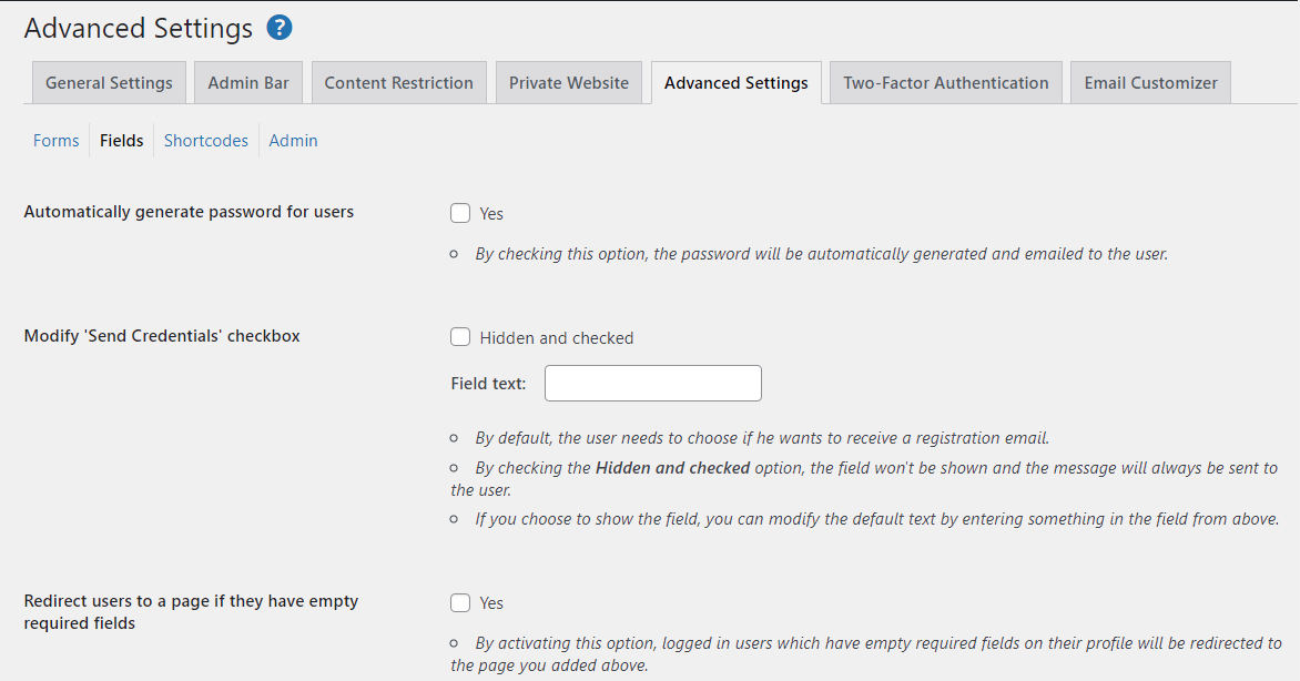 Advanced settings for fields