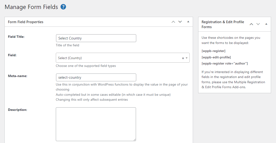 Select country manage form fields