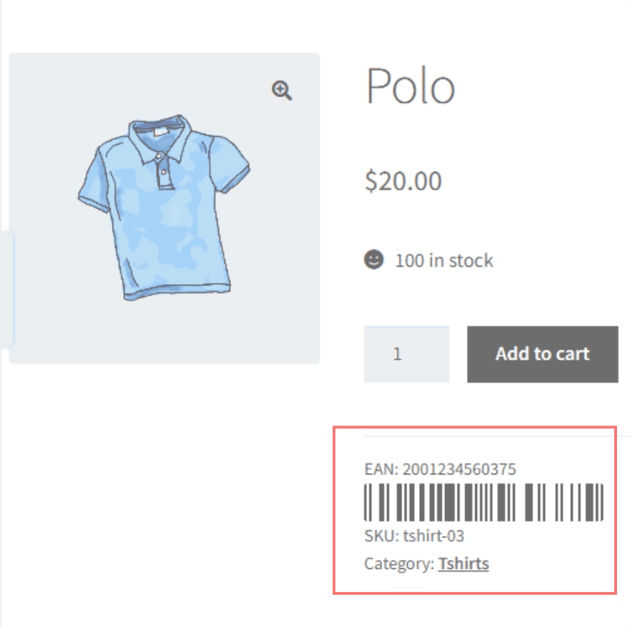 Product Page: Polo with barcode create by EAN and Barcodes plugin 