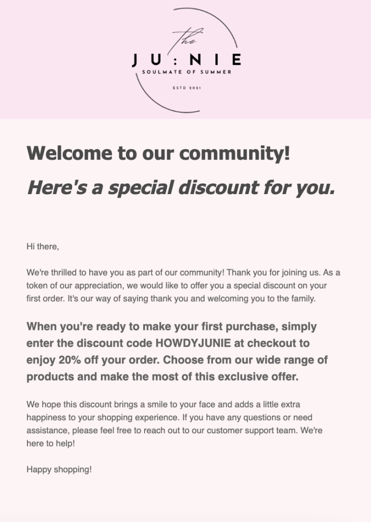 A welcome email give promo for customers 