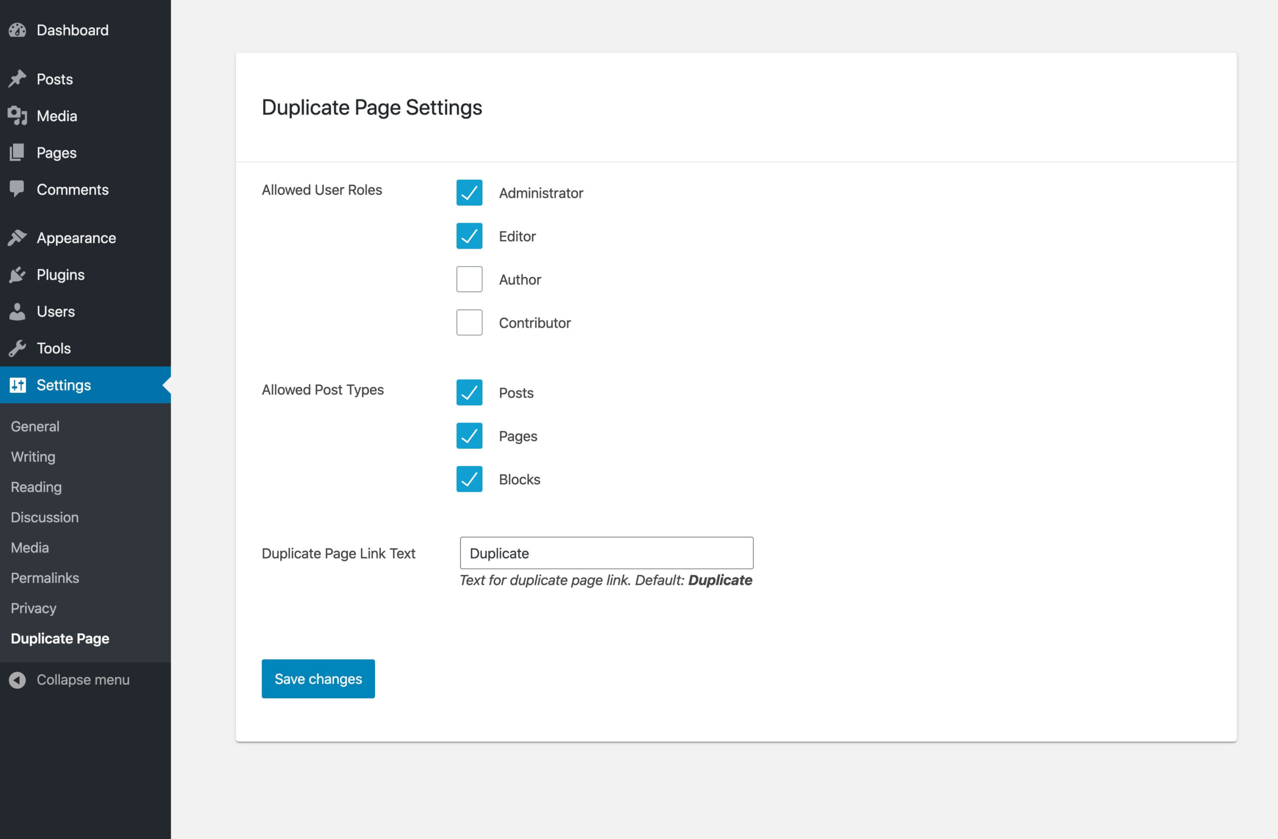 WP Duplicate Page settings screen