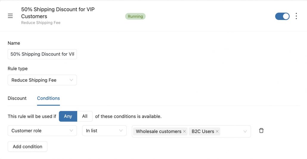 Set customer role for the 50% discount shipping fee