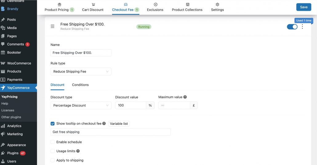 dashboard to set freeshipping over $100