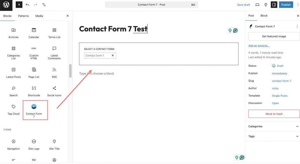 Choose to add a Contact Form 7 Block