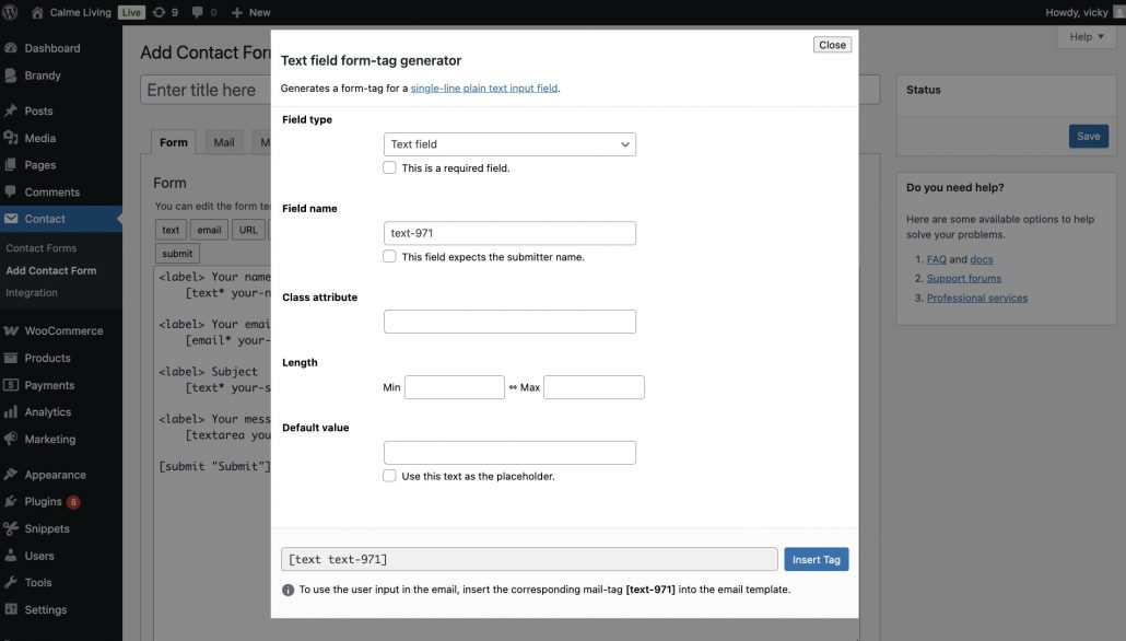 Configure the element of contact form