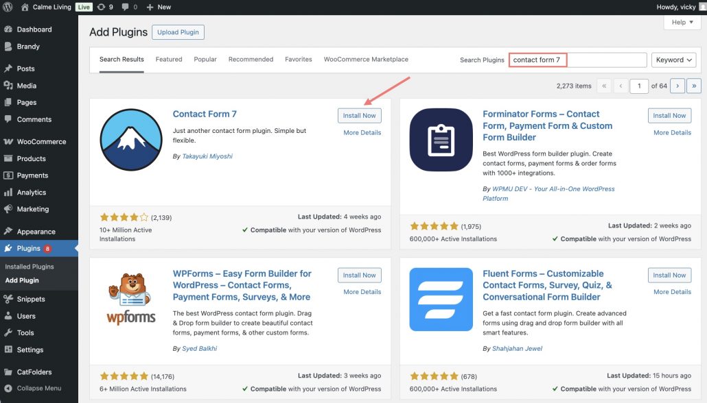 Search and Install Contact Form 7 plugin