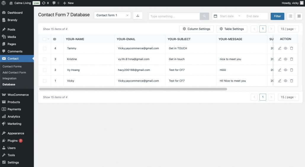 check database from CF7