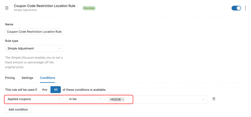 Assign the coupon code for the rule