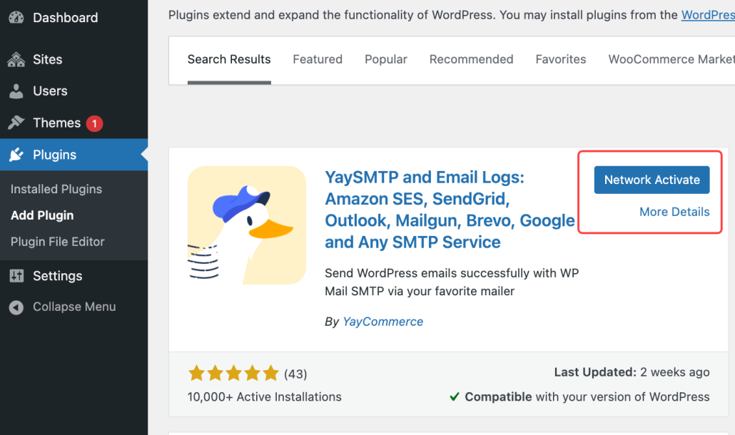 Network active YaySMTP for Multisite