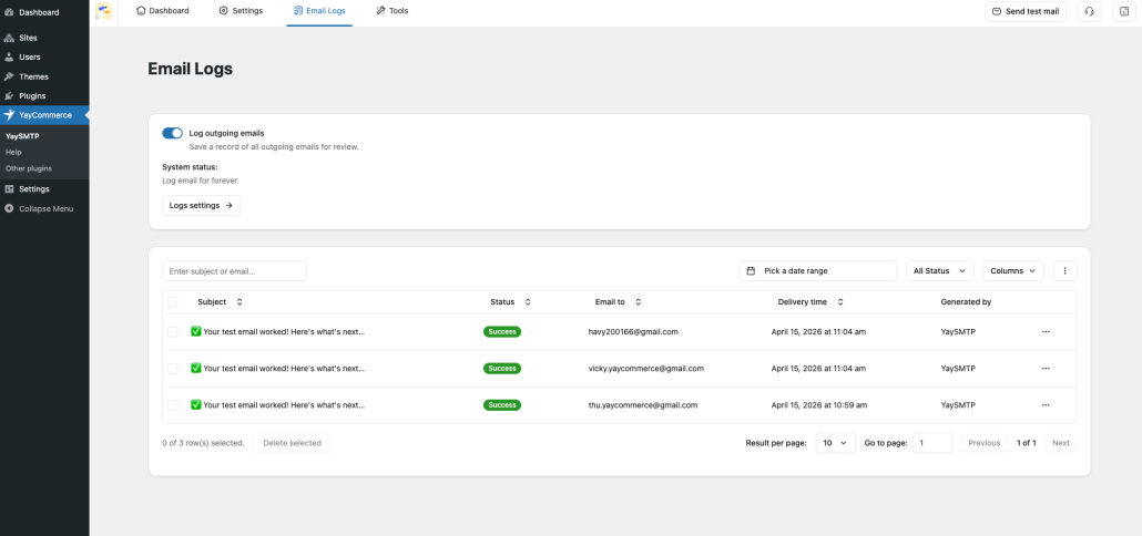 The Email Logs section