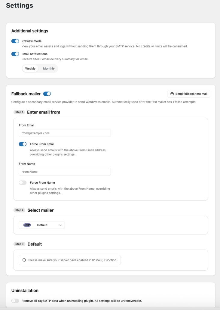 the Settings tab of YaySMTP