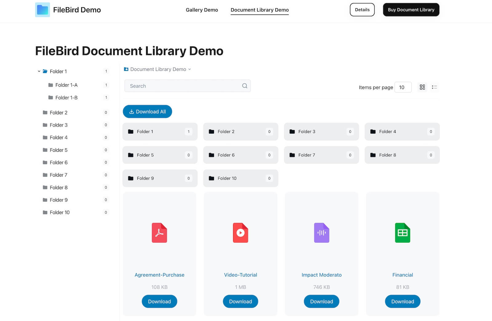 FileBird Document Library frontend gallery