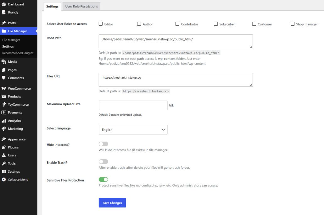 settings of filester