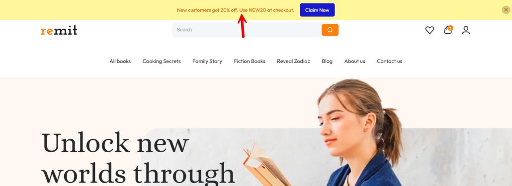New customers get 20% off. Use NEW20 at checkout. - WordPress notification bar examples