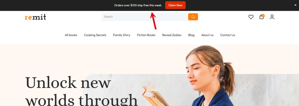 Orders over $100 ship free this week. - WordPress notification bar examples